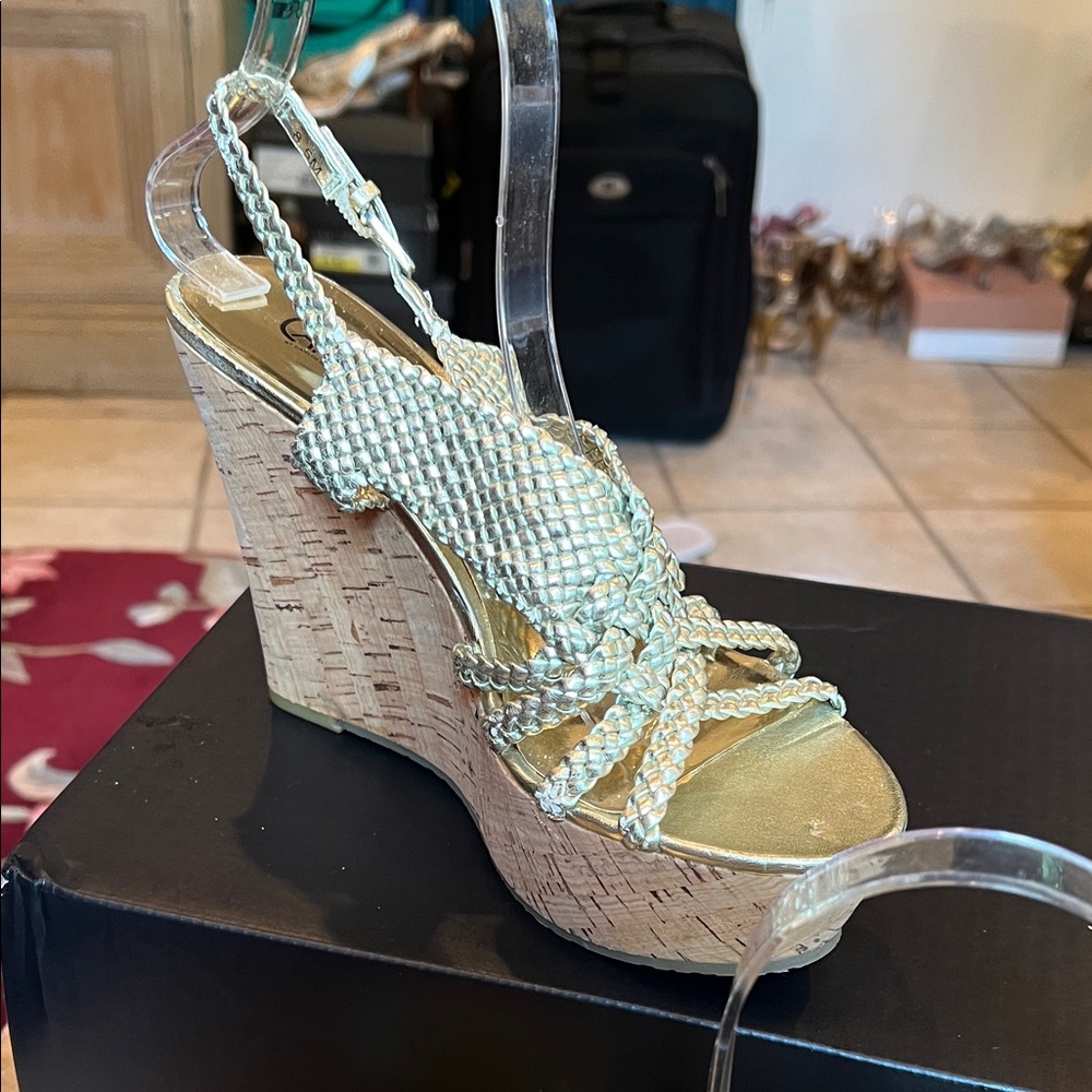 Carlos Santana Horizon Sandals in Silver Braided Top and Cork Wedge Sz 8.5 NEW